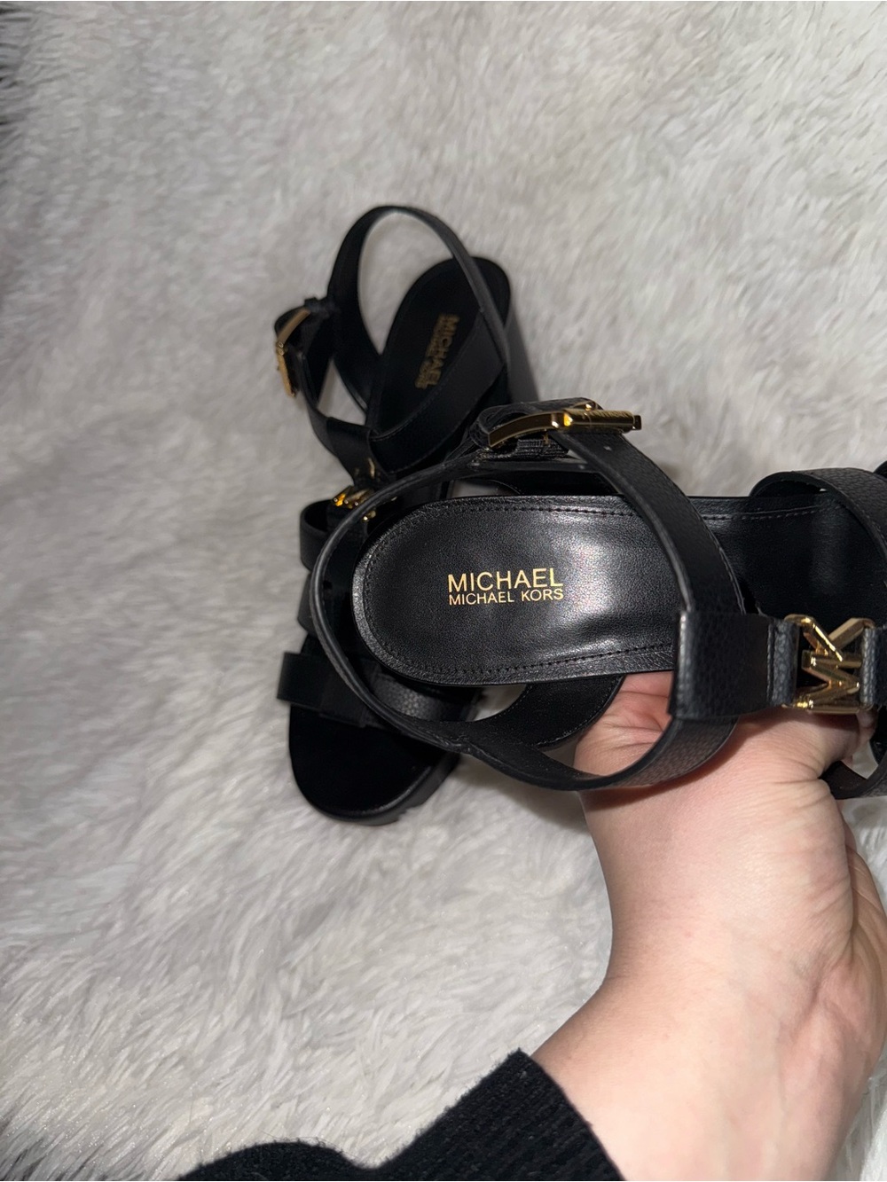 Michael Kors Black Leather Multi-Strap Logo Heels - Picture 4 of 6